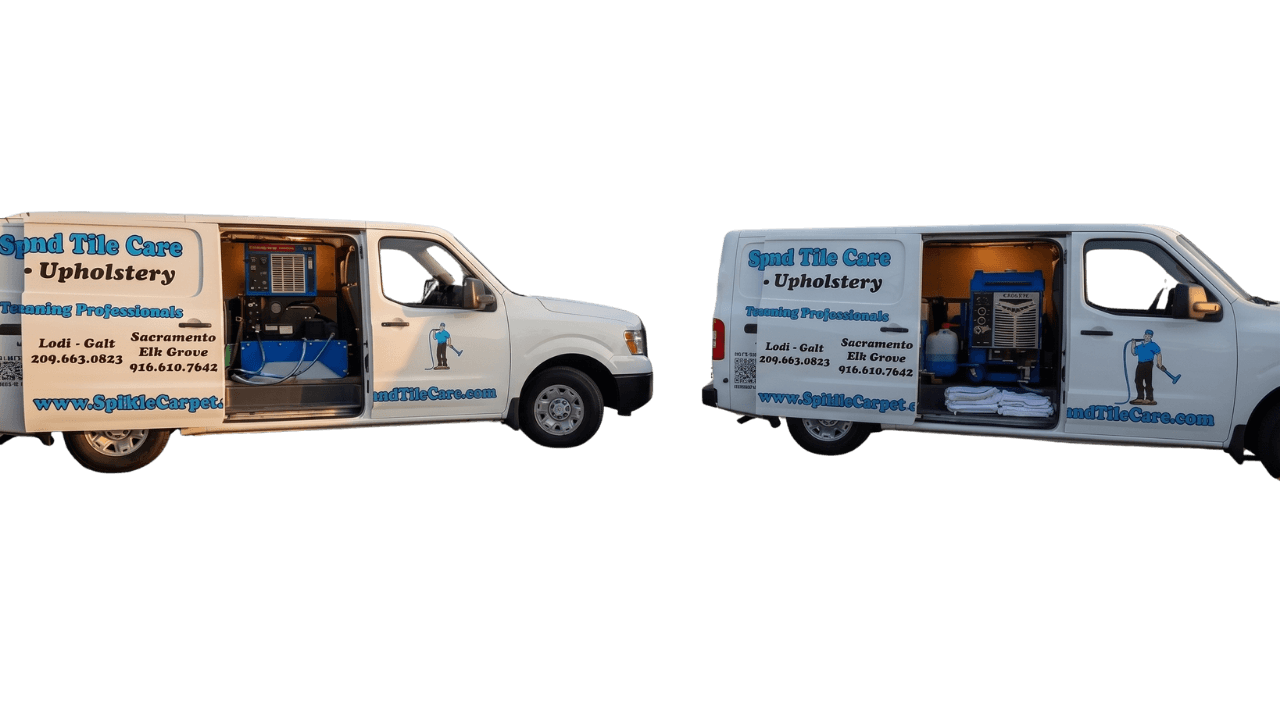 Two branded Spiker Carpet & Tile Care service vans — Lodi + Galt fleet